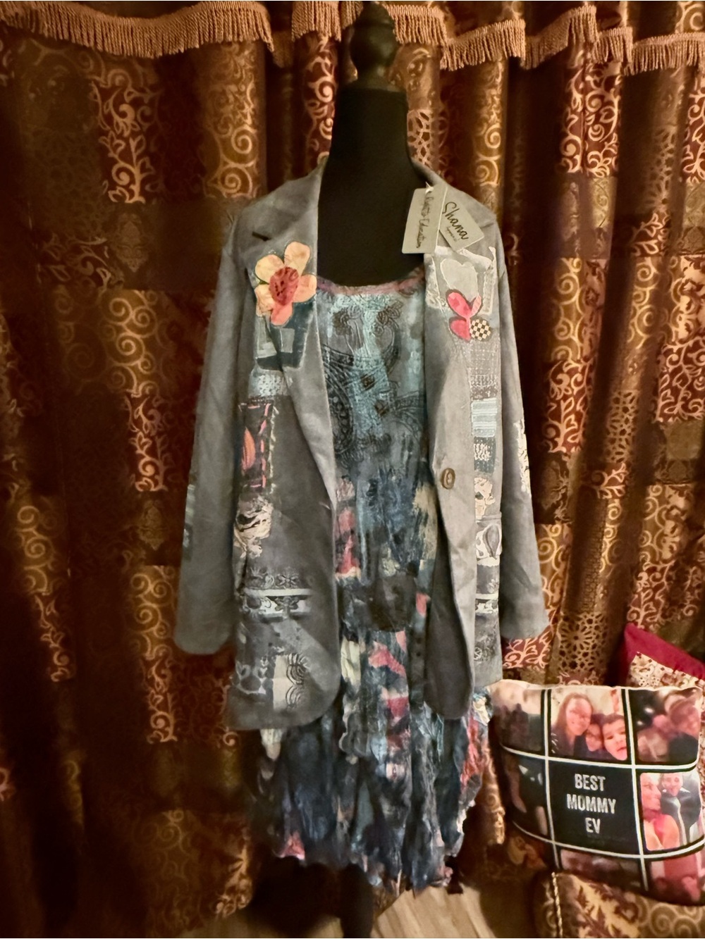 Designer Boho Patchwork Denim Print Women's Jacket with Floral dress